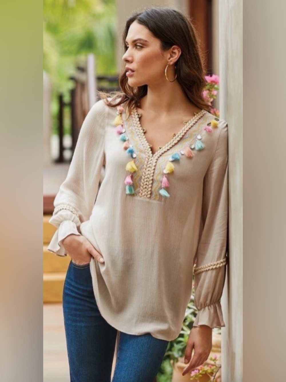 Soft Surroundings Clementine Cream V-Neck Tassel Tunic with Pastel Trim Size XL